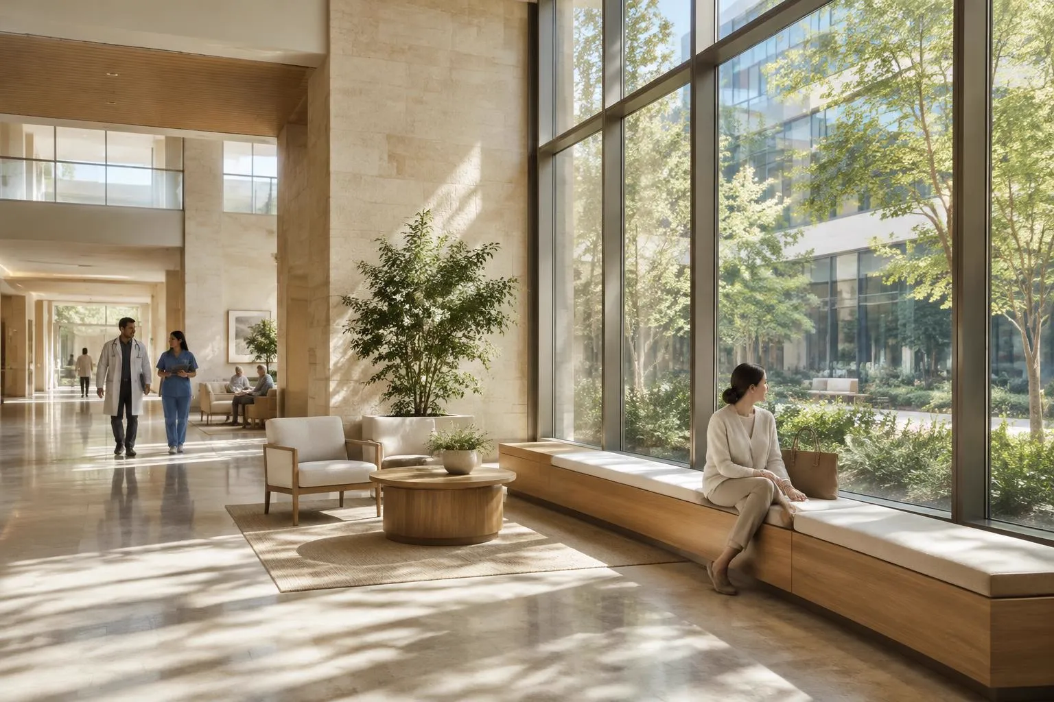Warm limestone interior opening onto a sunlit green courtyard