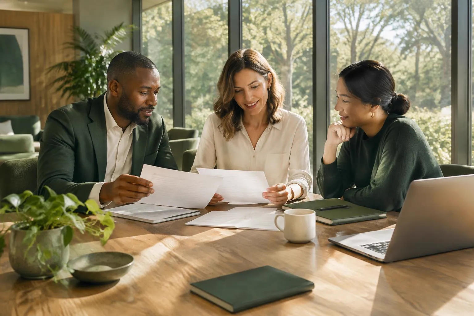 Colleagues reviewing plan documents together in a sunlit office